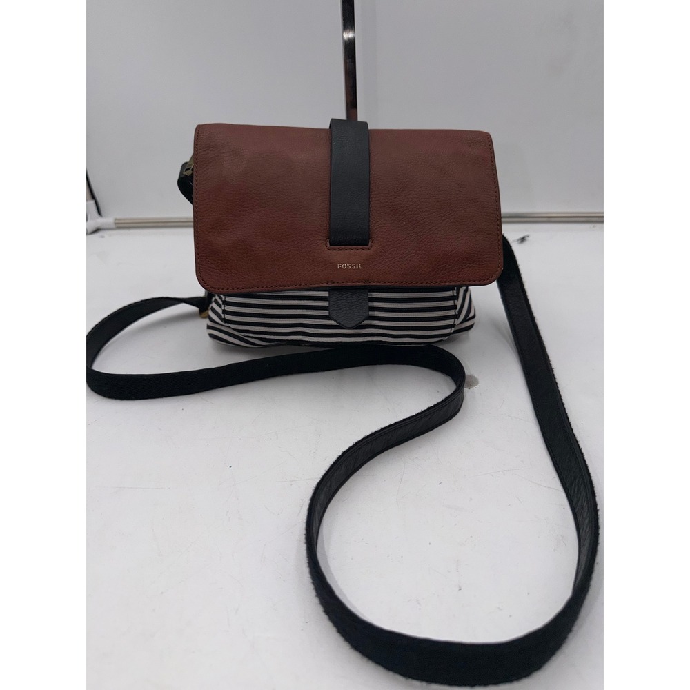 Fossil Crossbody Bag Brown Leather Striped Canvas Flap Messenger Small Handbag